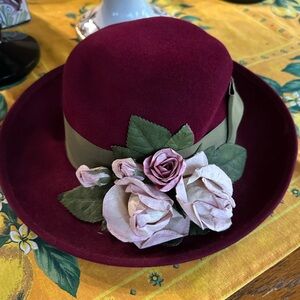 Vintage Darcy Creech Burgundy Bucket Hat Mauve Flowers & Green French Ribbon
